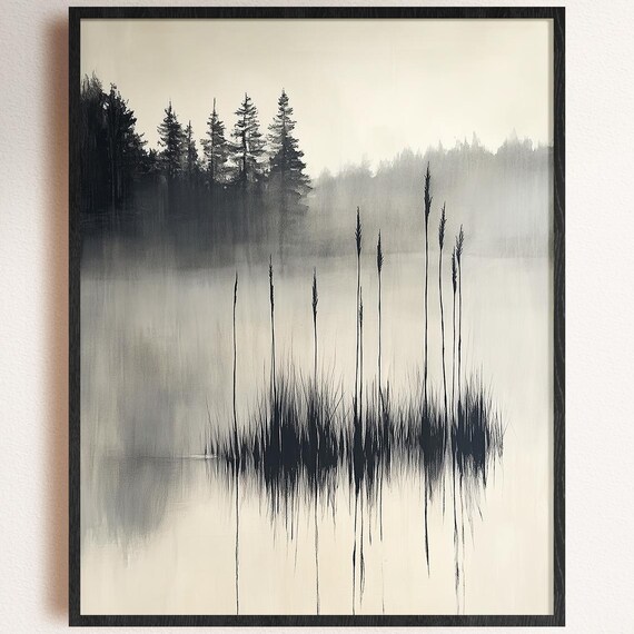 Misty Reeds Art Print Minimalist Wabi Sabi Botanical Landscape