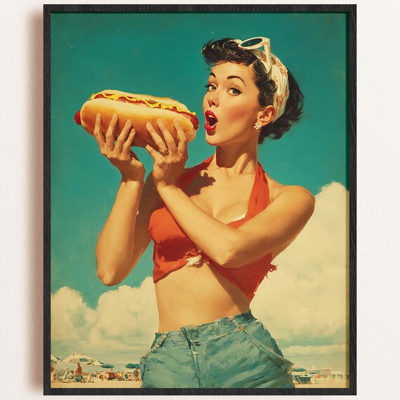 1950s Pinup Girl Eating Hot Dog Beach Snack Summer Boardwalk Fun Poster