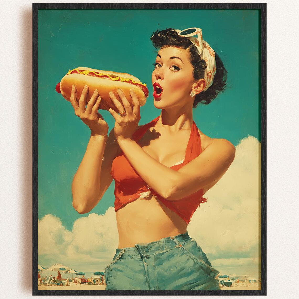 1950s Pinup Girl Eating Hot Dog Beach Snack Summer Boardwalk Fun Poster
