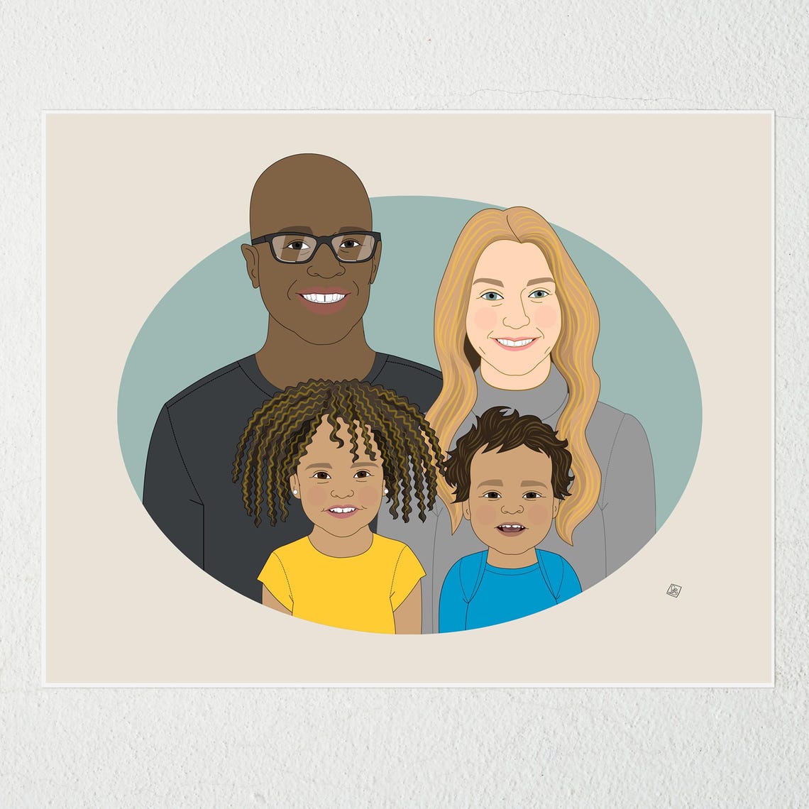 Family of Four Smiling Custom Illustrated Family Portrait Poster - Image 4