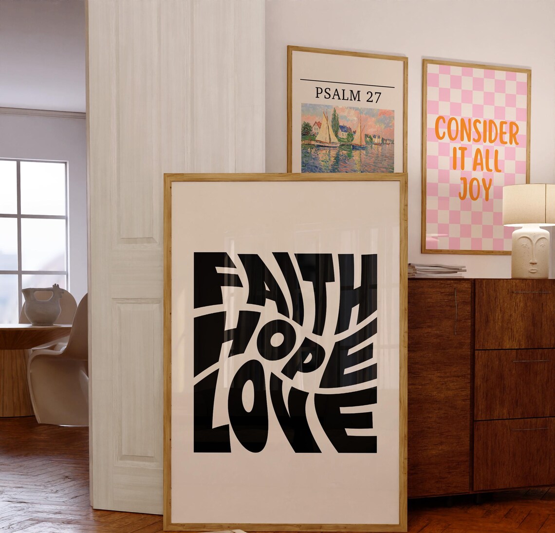 Bold Black Retro Wavy Letters Faith Hope Love Christian Art Poster - Image 3