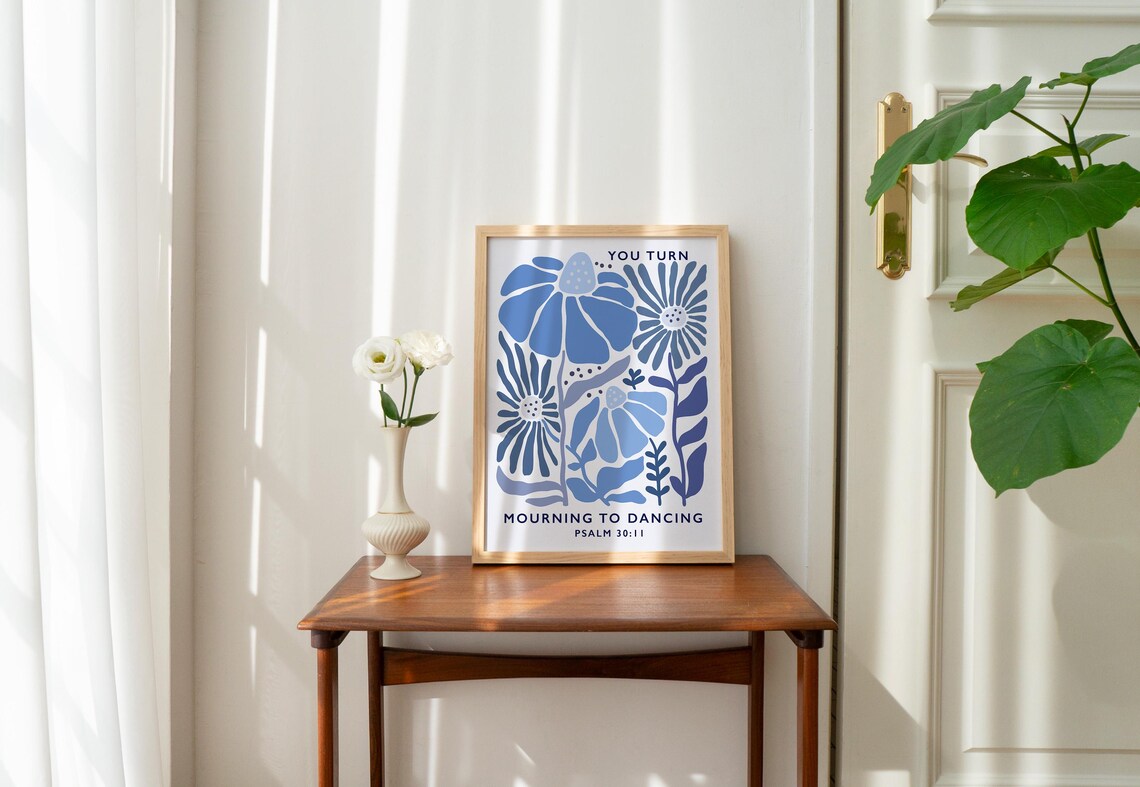 Blue Folk Floral You Turn Mourning To Dancing Psalm 30 Art Poster - Image 2