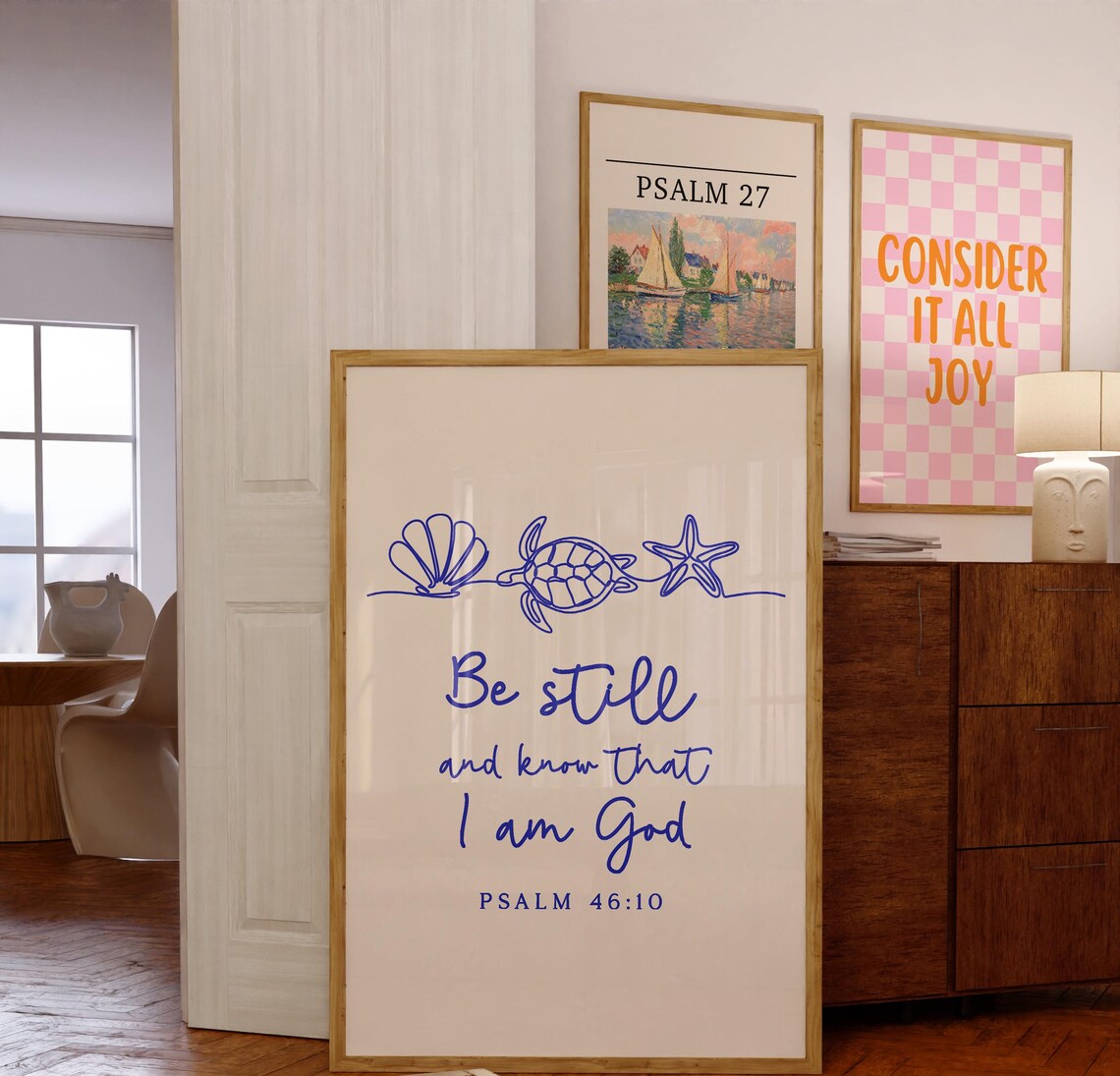 Navy Line Art Sea Turtle Be Still Psalm 46 10 Coastal Verse Poster - Image 2