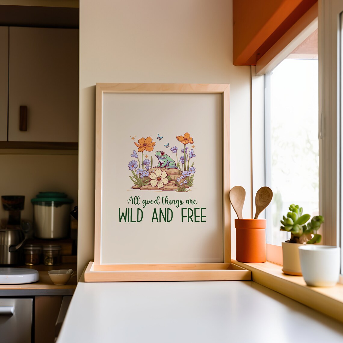 All Good Things Are Wild And Free Cute Frog Floral Quote Poster - Image 4