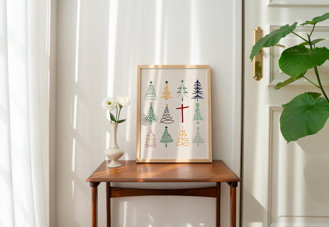 Twelve Christmas Trees Cross Holiday Line Art Christian Poster - Image 3