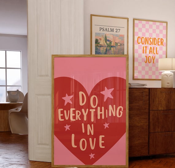 Do Everything In Love Red Heart Stars Retro Christian Poster