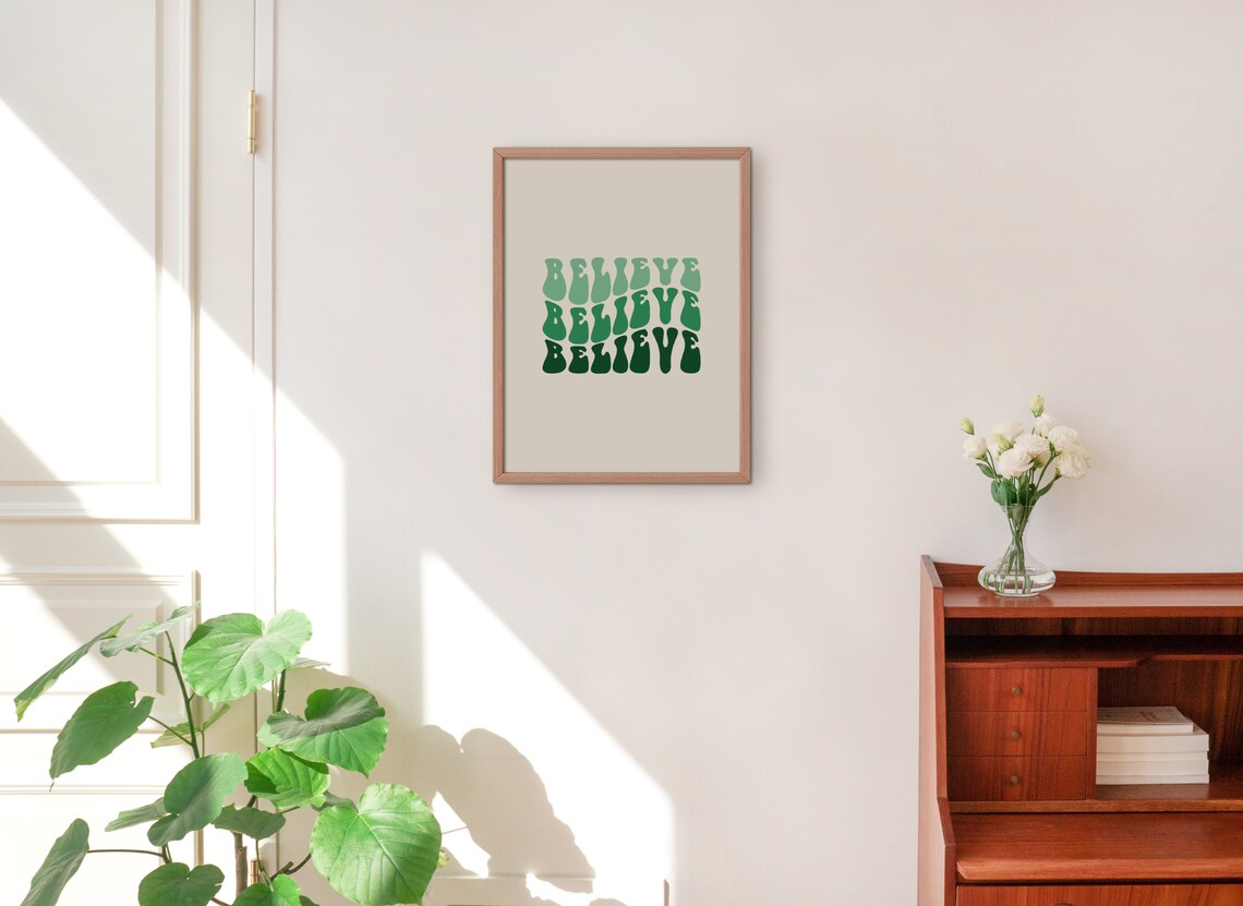 Believe Stacked Green Wavy Groovy Retro Typography Quote Poster - Image 2