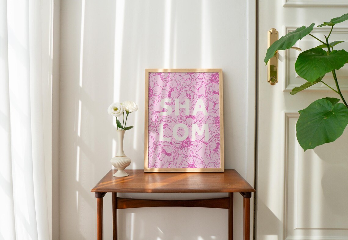 Shalom Pink Floral Line Art Hebrew Christian Verse Quote Poster - Image 3