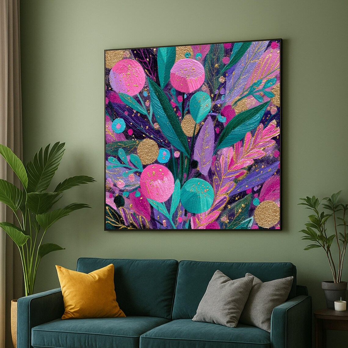 Vibrant Abstract Floral Pink Teal Purple Gold Botanical Art Poster