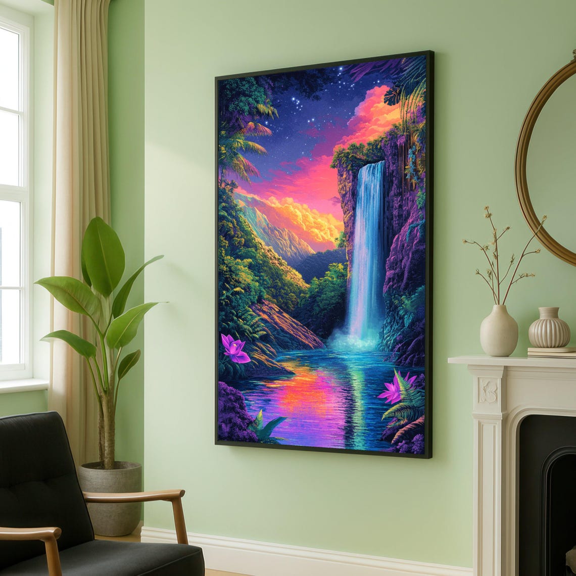 Vibrant Neon Tropical Waterfall Sunset Fantasy Landscape Poster