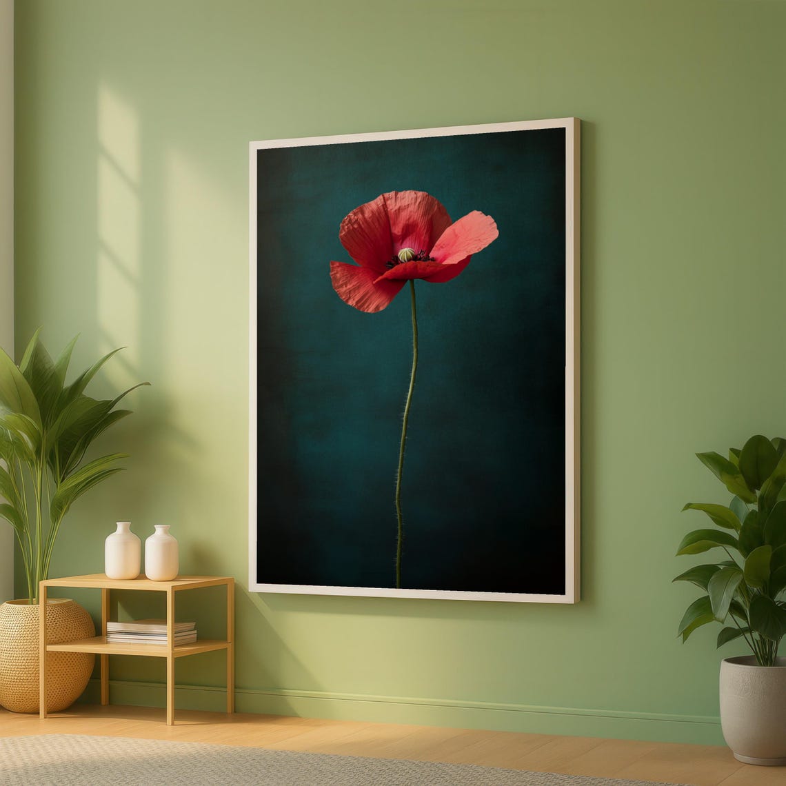 Single Red Poppy Stem Moody Dark Teal Minimalist Botanical Poster
