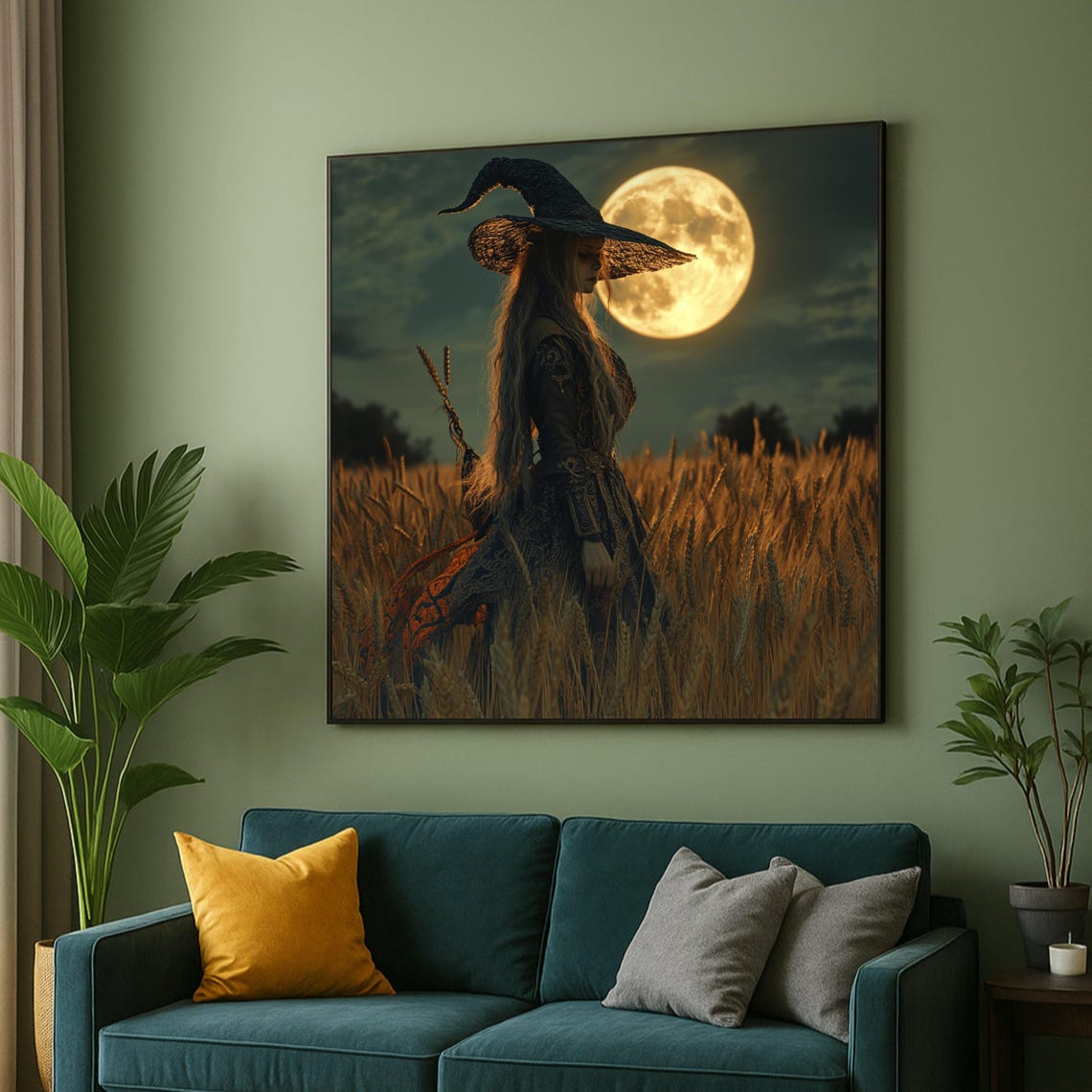 Enchanted Witch in Wheat Field Full Moon Gothic Canvas Wall Art