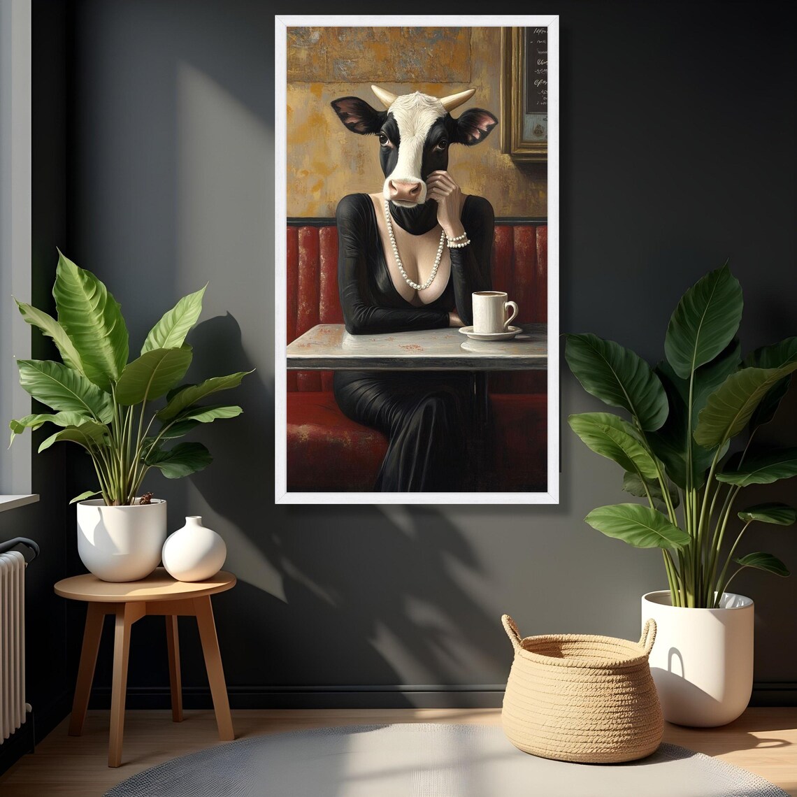 Surreal Cow Head Woman In Black Dress At Cafe Quirky Art Poster