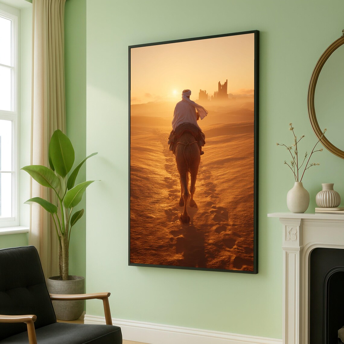 Desert Camel Rider At Sunset Arabian Dunes Travel Art Poster