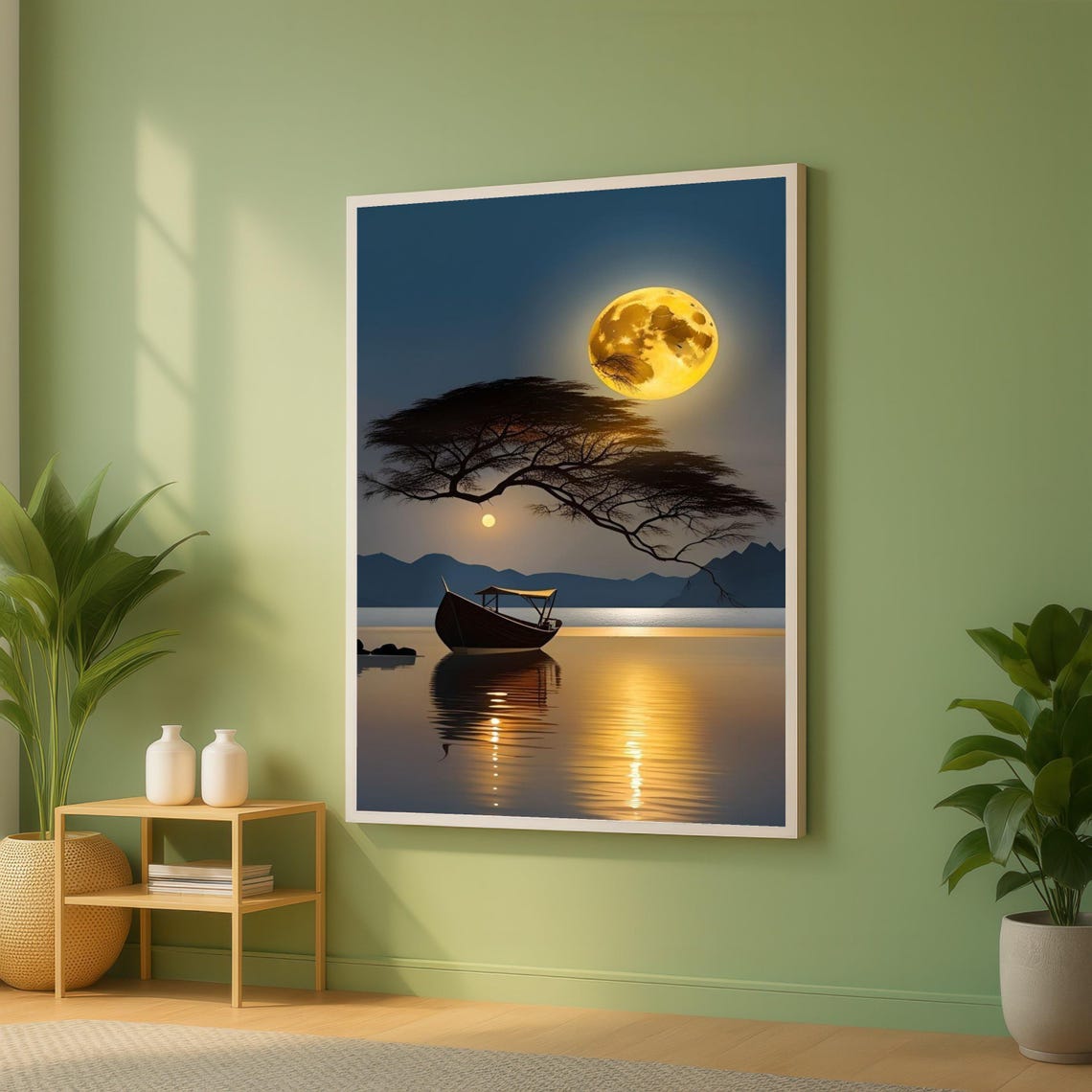 Full Moon Over Night Lake With Boat and Tree Silhouette Poster