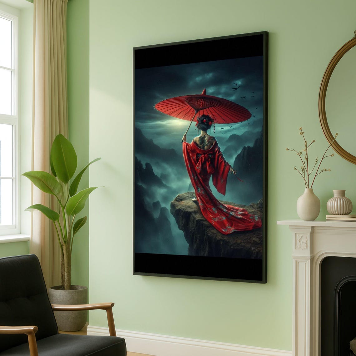 Mysterious Geisha Red Umbrella Cliff Night Mist Dark Art Poster