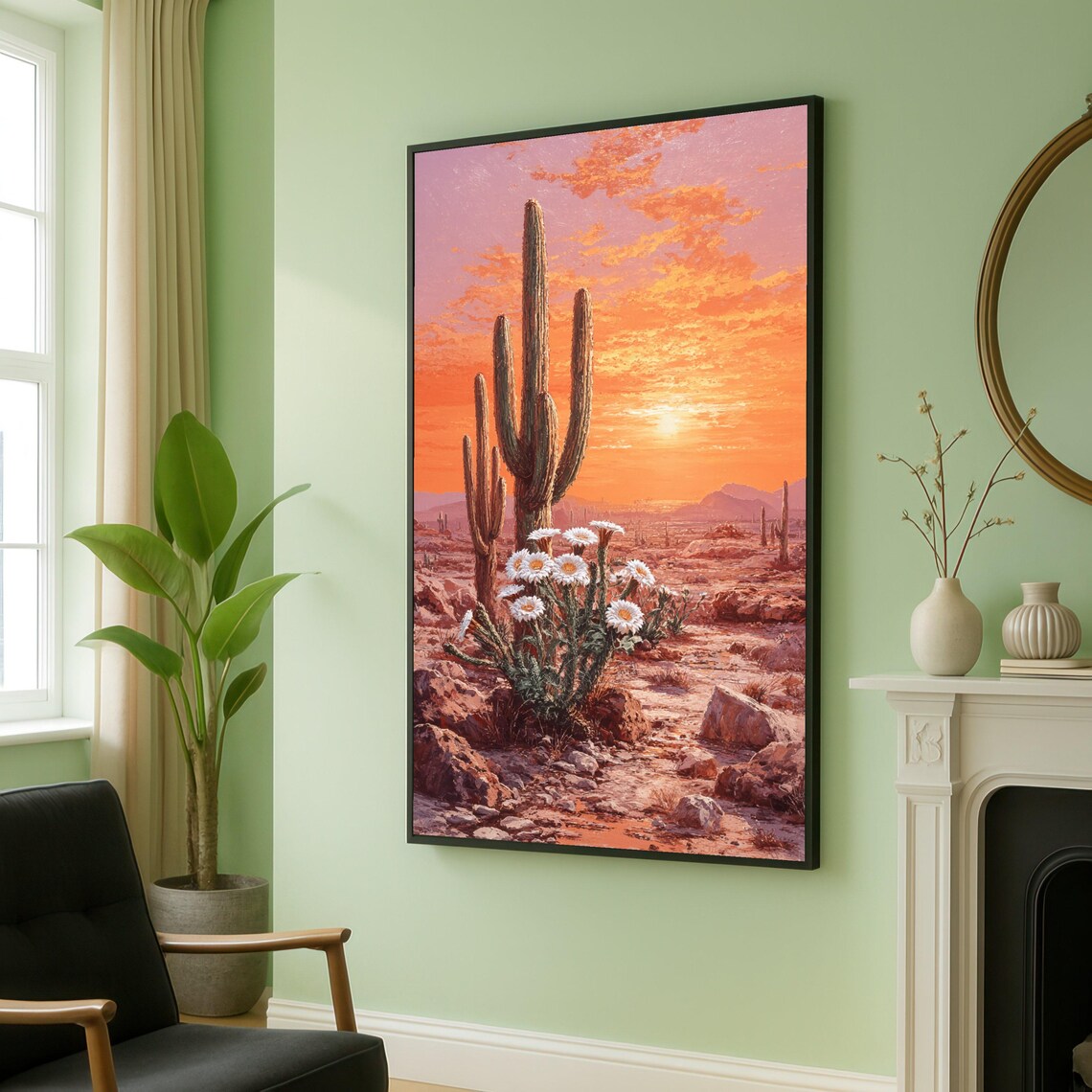 Desert Sunset With Saguaro Cactus Wildflowers Southwestern Art Poster
