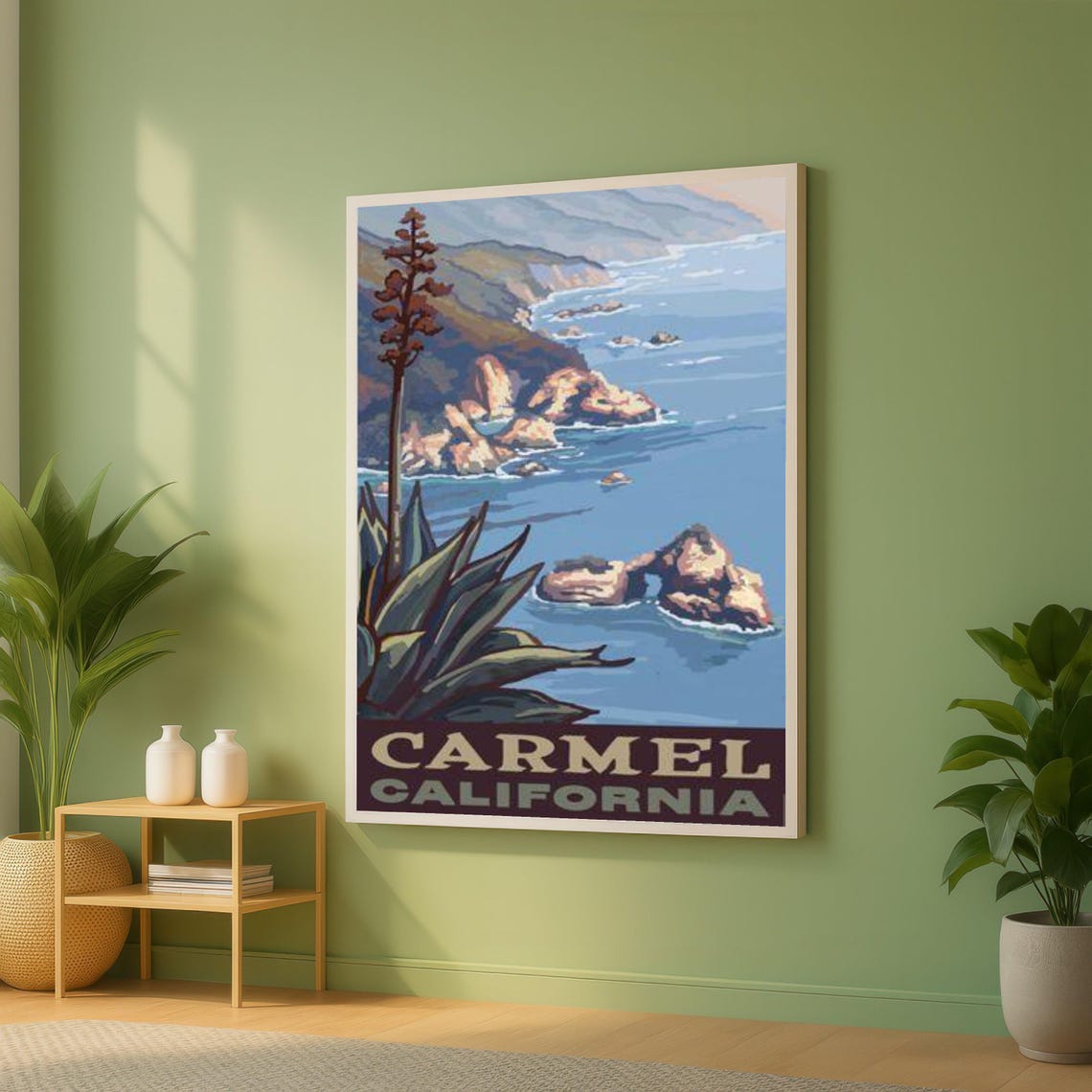 Carmel California Retro Coastal Travel Poster with Ocean Cliffs