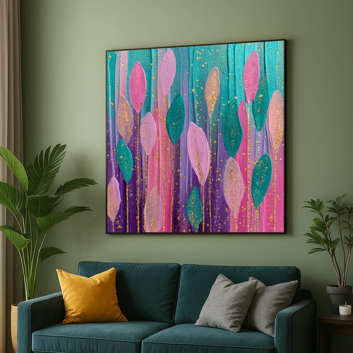 Pink Teal Abstract Floral Leaves Gold Accents Modern Art Poster