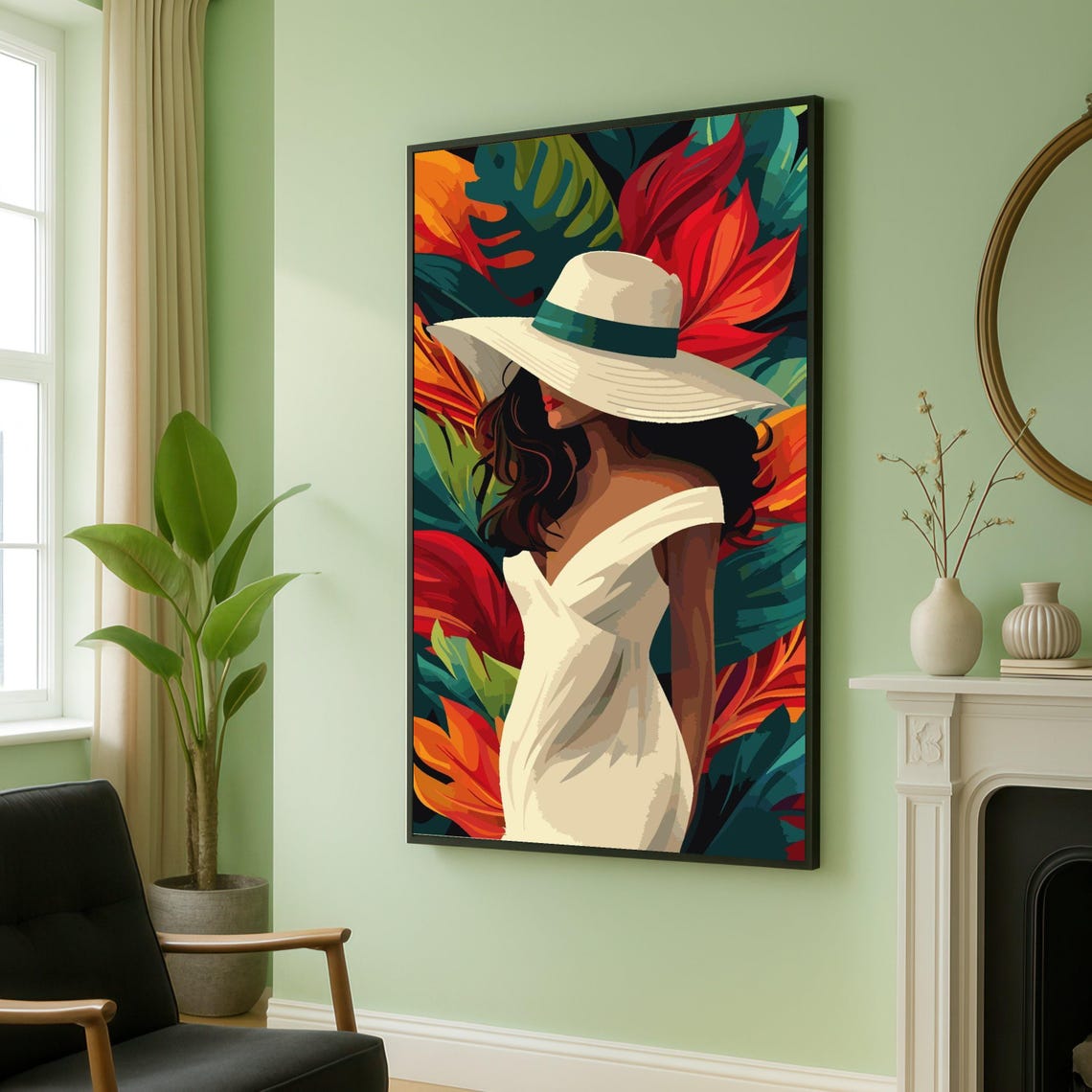 Elegant Woman In White Dress Canvas Tropical Leaves Wall Art Modern Fashion Portrait Colorful Botanical Decoration Ready To Hang