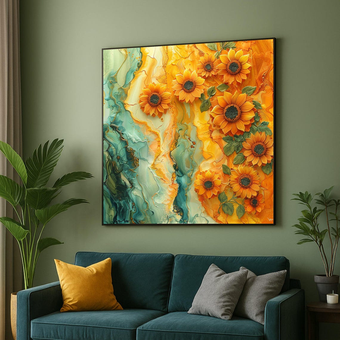Sunflower Bloom Abstract Floral Teal Orange Painting Wall Art