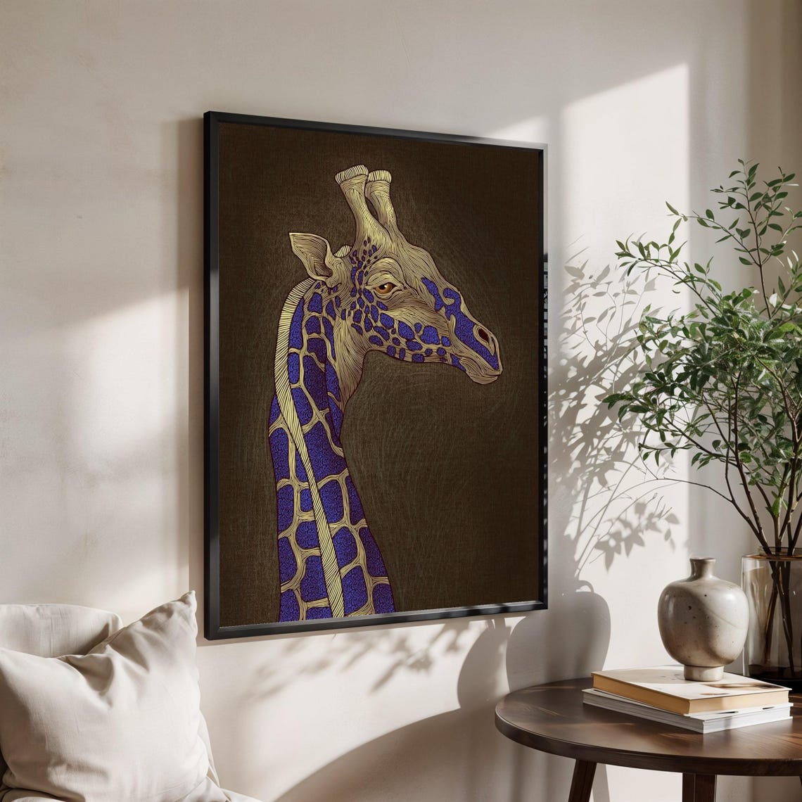 Elegant Giraffe Profile Illustration Blue Spotted Safari Poster