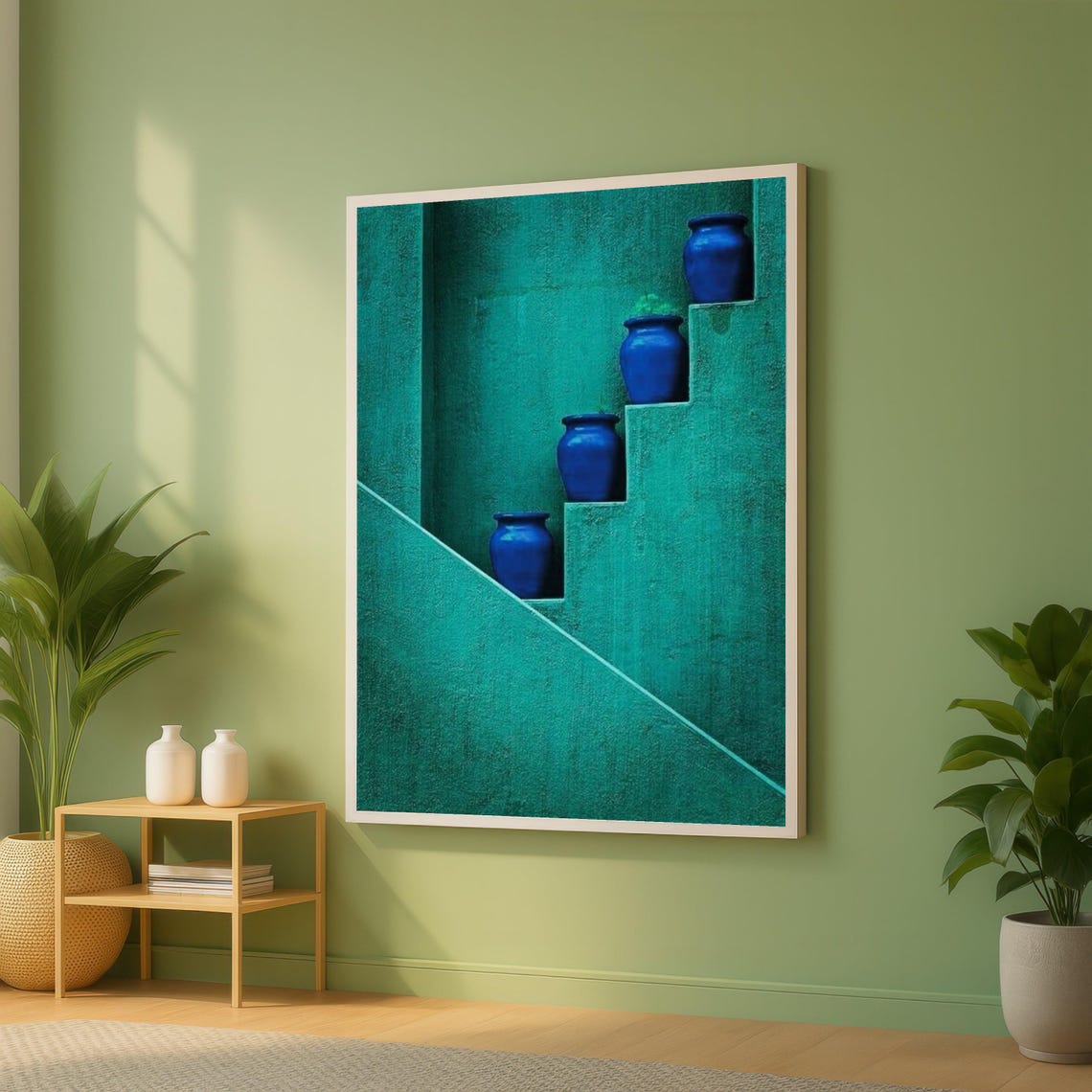 Cobalt Blue Ceramic Pots On Teal Stairs Minimalist Photo Wall Art