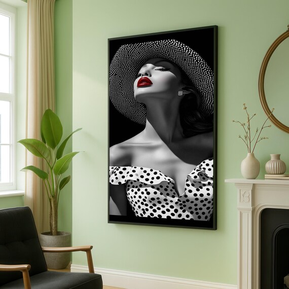 Glamorous Woman In Polka Dot Hat With Red Lips Fashion Poster
