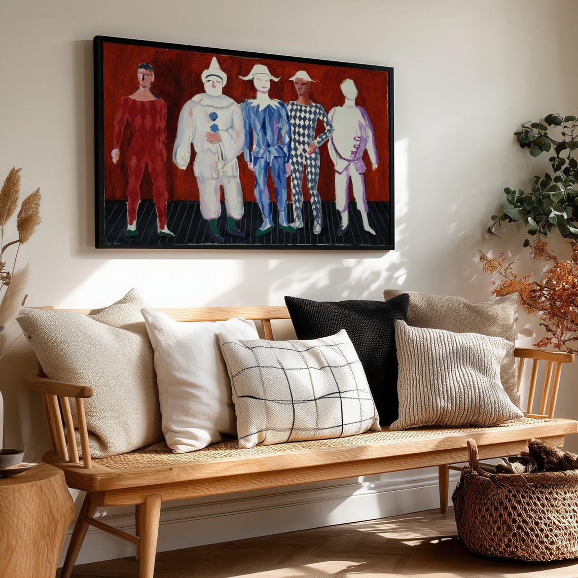 Harlequin Circus Performers Bold Red Backdrop Painting Poster