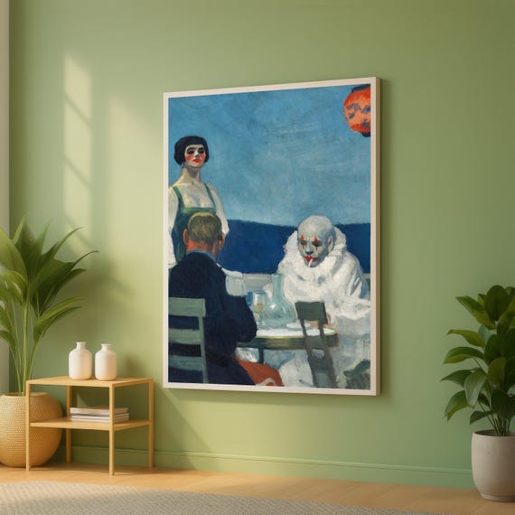 Edward Hopper Melancholy Clown At Caf Table Canvas Wall Art Style Vintage Figurative Painting Moody Interior Scene Home