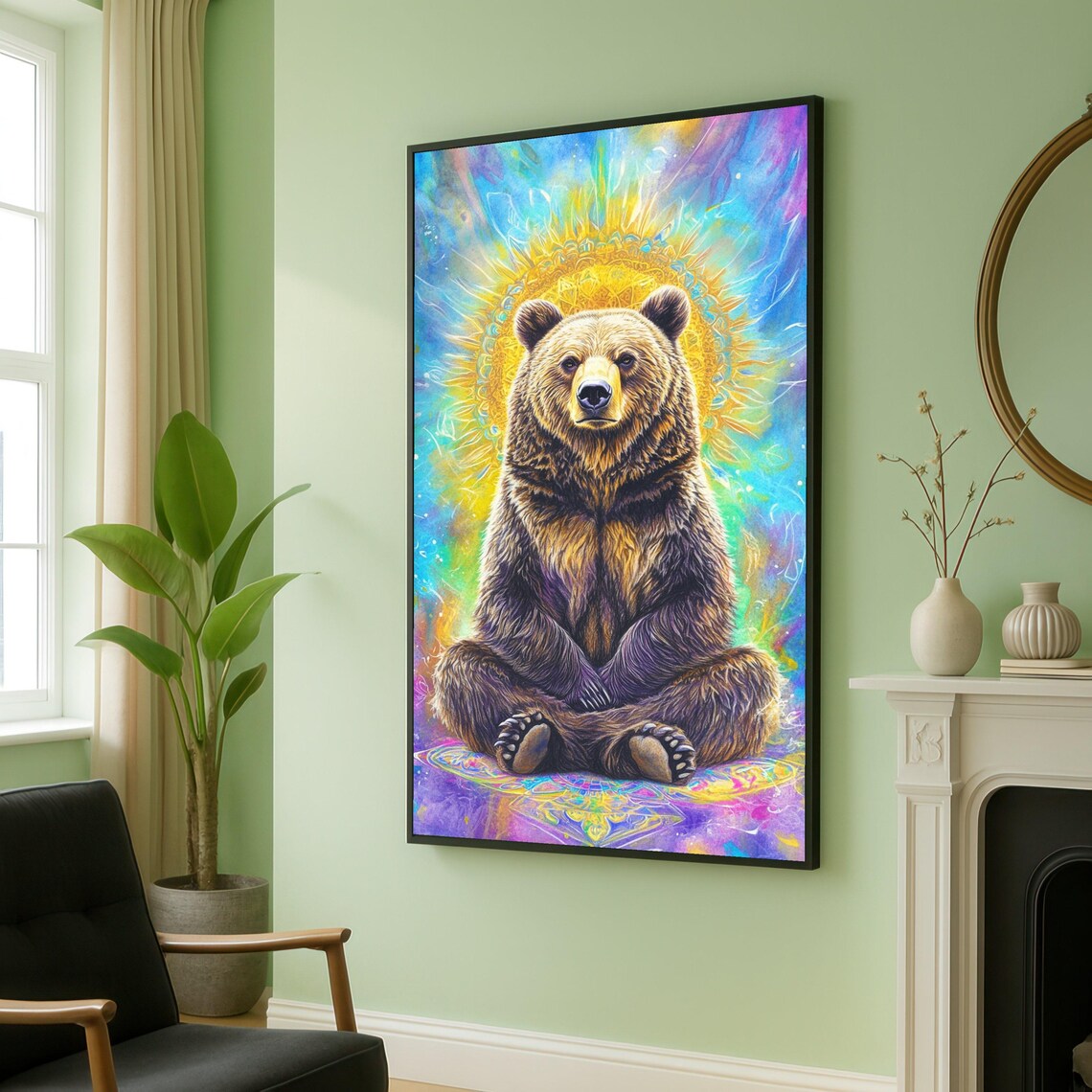 Meditating Bear in a Colorful Cosmic Mandala Aura Spiritual Poster