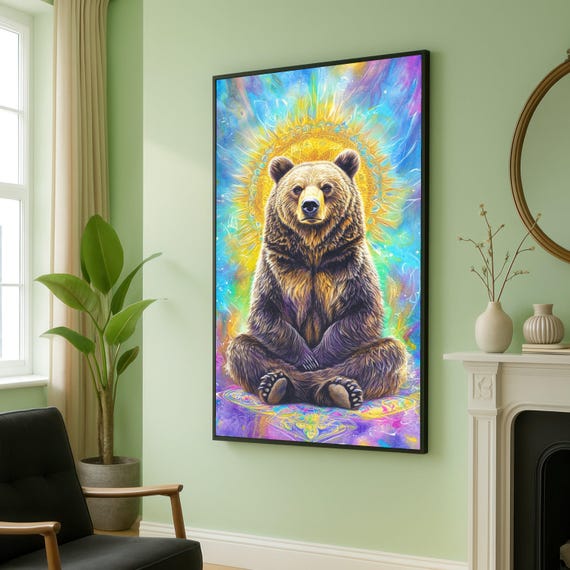Meditative Bear Canvas Wall Art Spiritual Animal Painting Colorful Portrait Vibrant Nature Illustration Zen Wildlife Decor Ready
