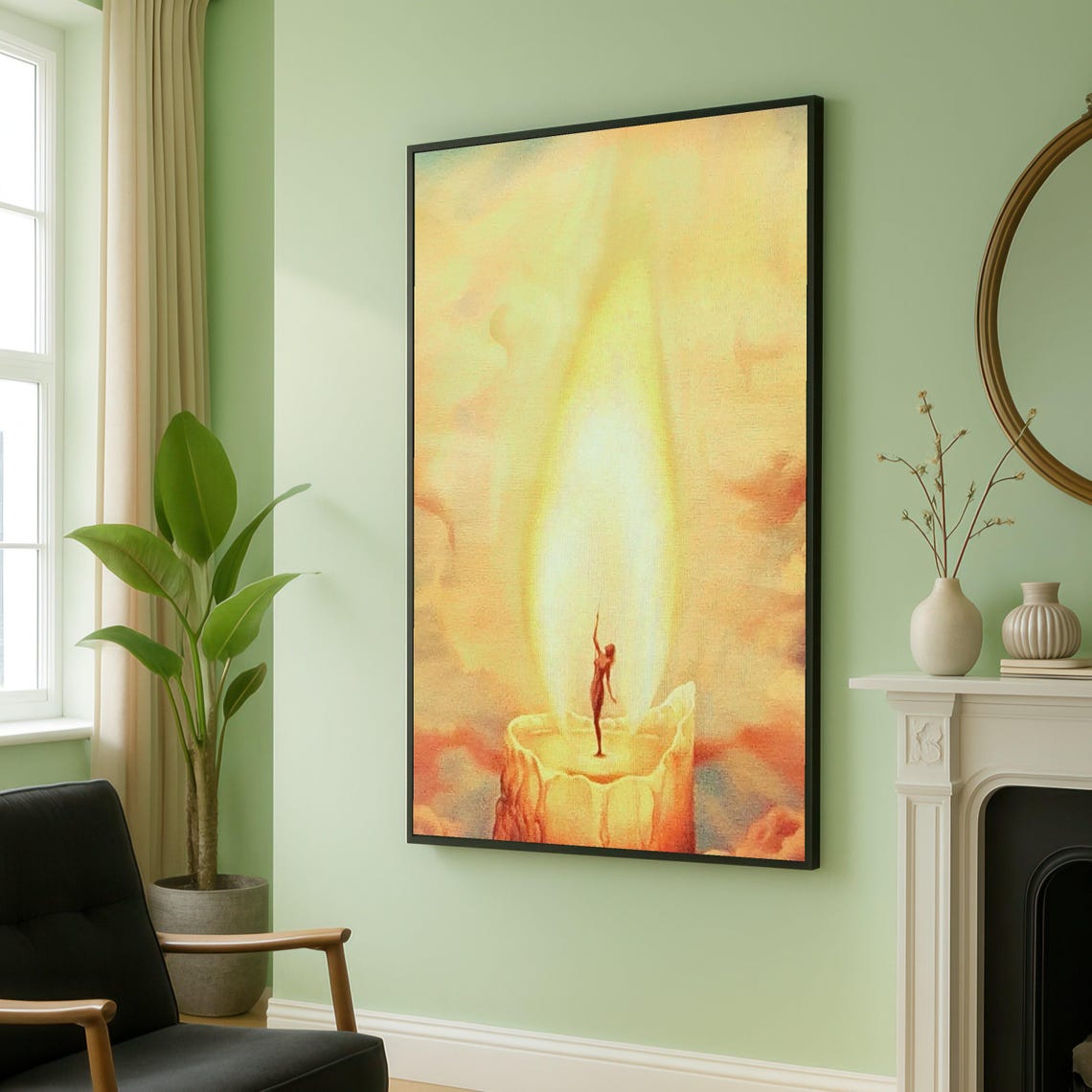 Surreal Candle Flame Tiny Human Figure Warm Amber Glow Wall Art