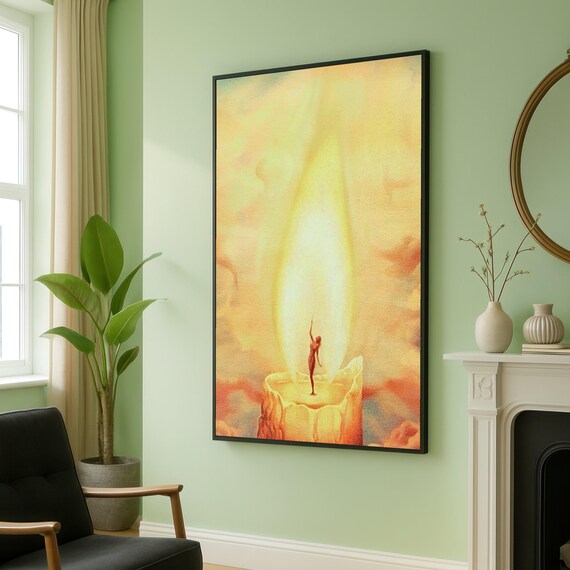 Surreal Candle Flame Tiny Human Figure Warm Amber Glow Wall Art
