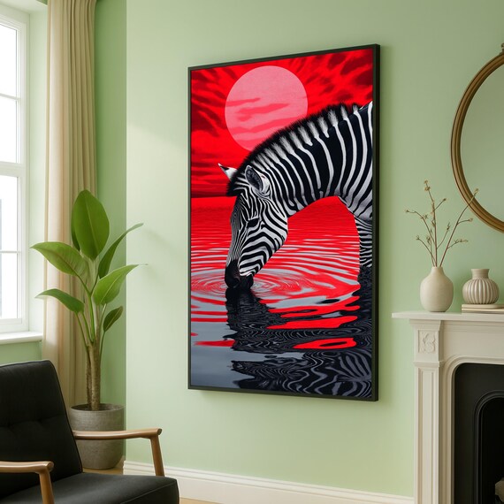 Black And White Zebra Drinking Red Sunset Canvas Wildlife Animal Wall Art African Nature Scene Modern Decoration