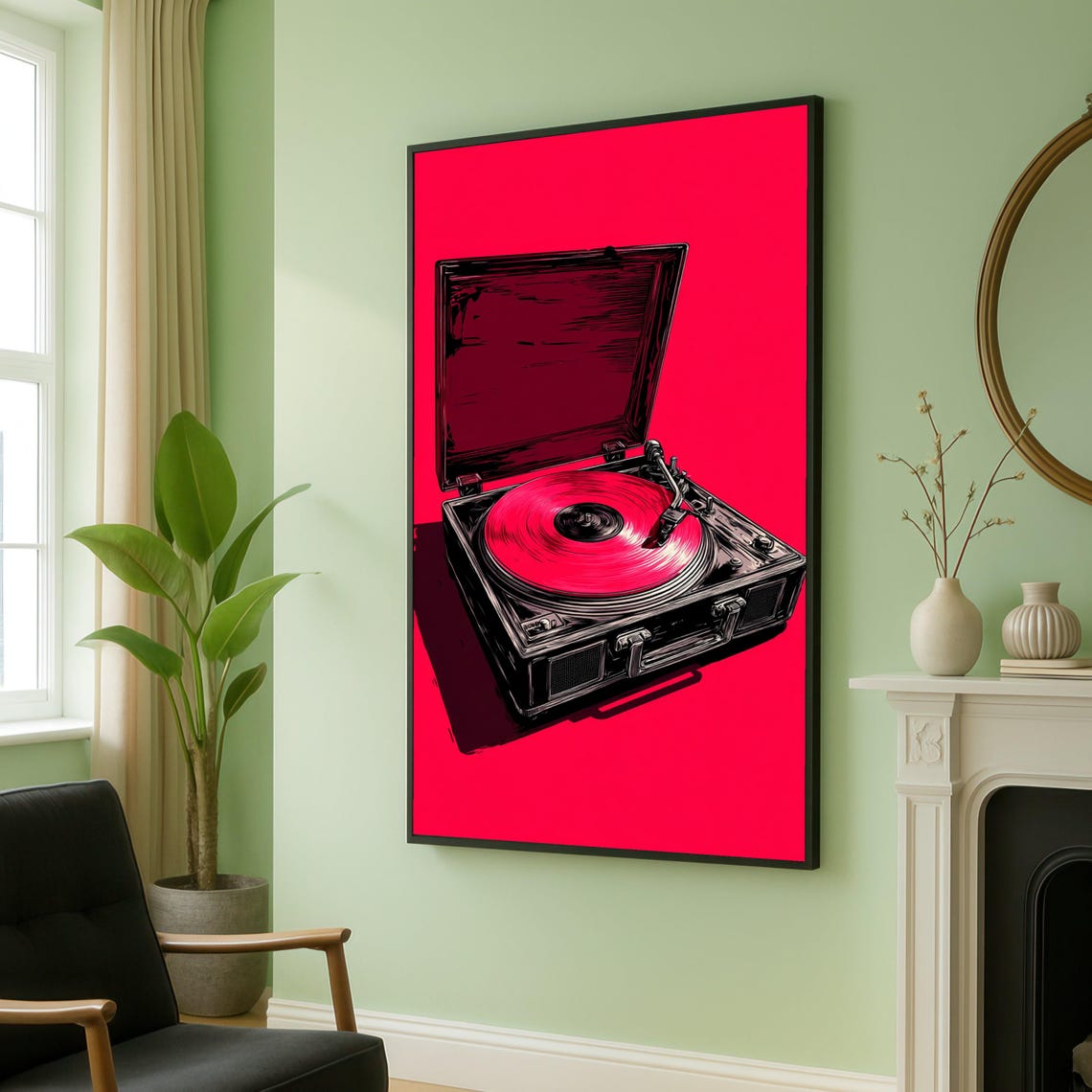 Retro Turntable Vinyl Record Player Line Art On Bold Pink Poster