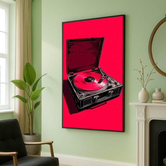 Retro Turntable Vinyl Record Player Line Art On Bold Pink Poster