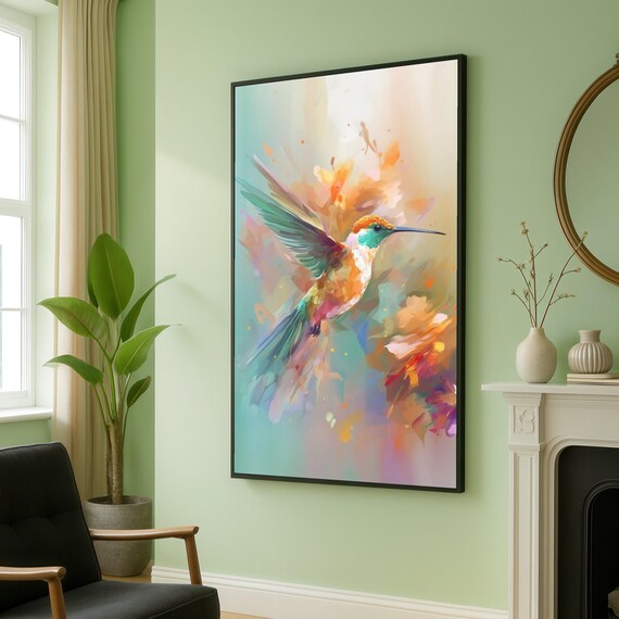 Vibrant Hummingbird Canvas Wall Art Colorful Bird Illustration Abstract Nature Painting Floral Background Home Decor Artwork