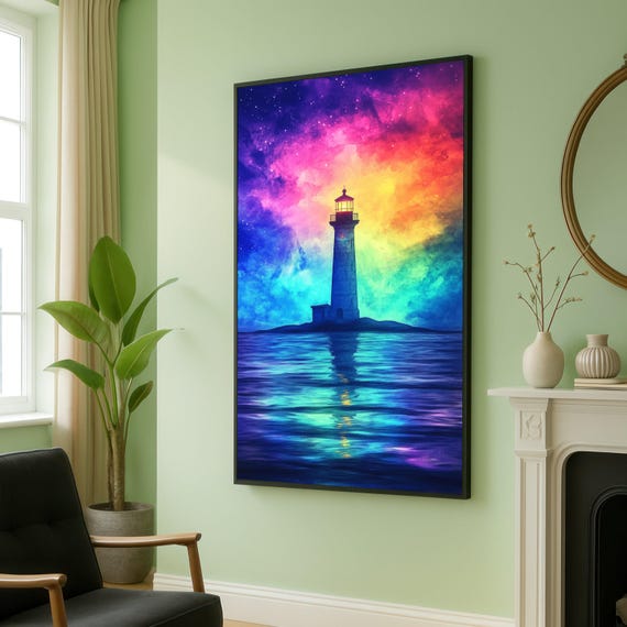 Vibrant Lighthouse Canvas Colorful Sky Reflection Nautical Wall Art Ocean Scene Painting Night Light Home Decor Ready To Hang