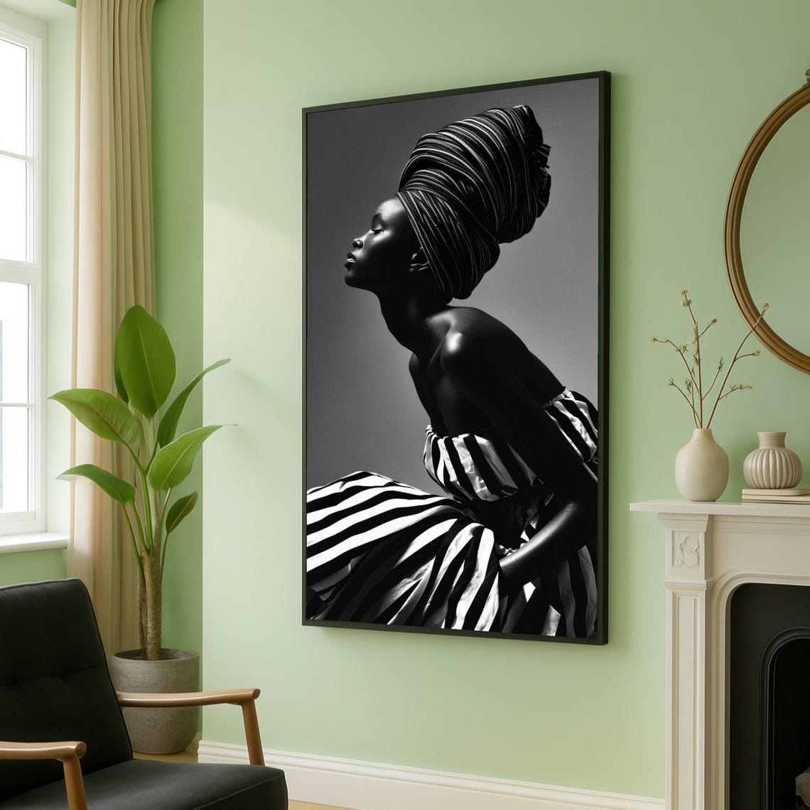 Black And White African Woman Profile Headwrap Portrait Poster