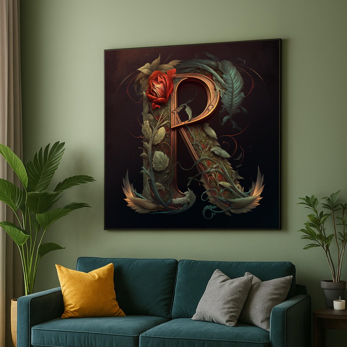 Letter R Red Rose Botanical Initial Vintage Dark Canvas Wall Art