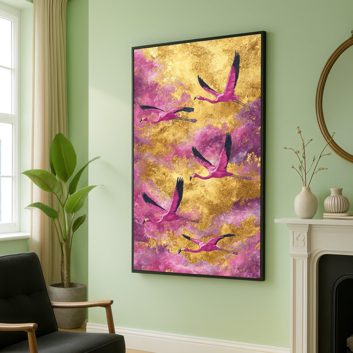 Pink Flamingos Flying Golden Clouds Tropical Bird Wall Poster