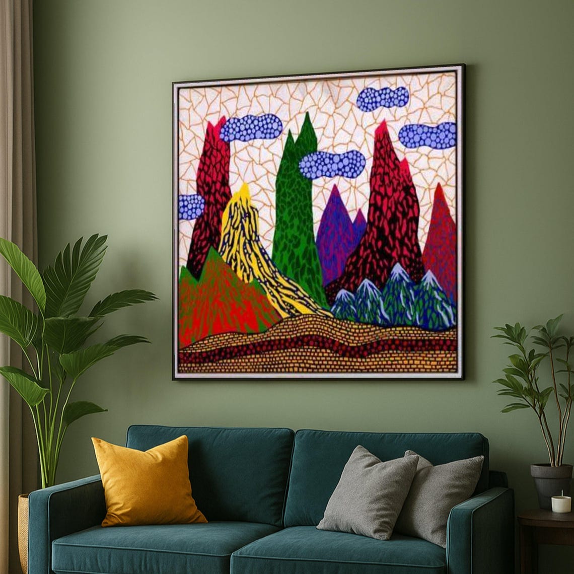 Colorful Abstract Mountain Landscape Poster with Dotted Net Pattern