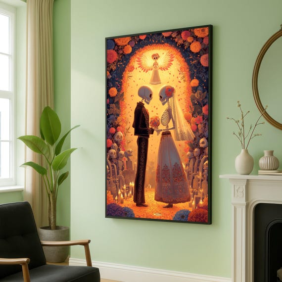 Romantic Skeleton Wedding Day Dia De Los Muertos Canvas Mexican Art Of The Dead Celebration Floral Candlelight