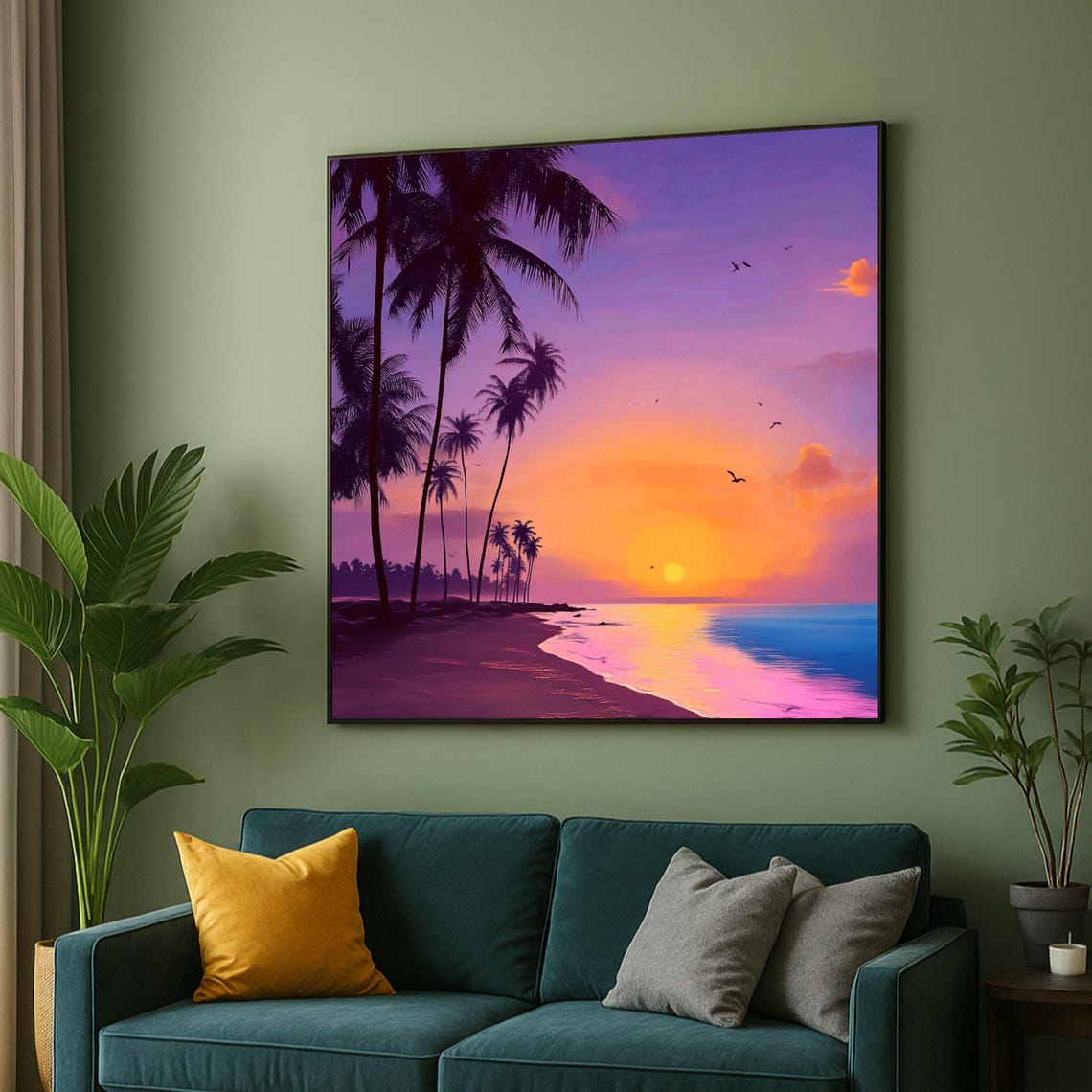 Tropical Sunset Beach Palm Trees Silhouette Ocean Wall Poster