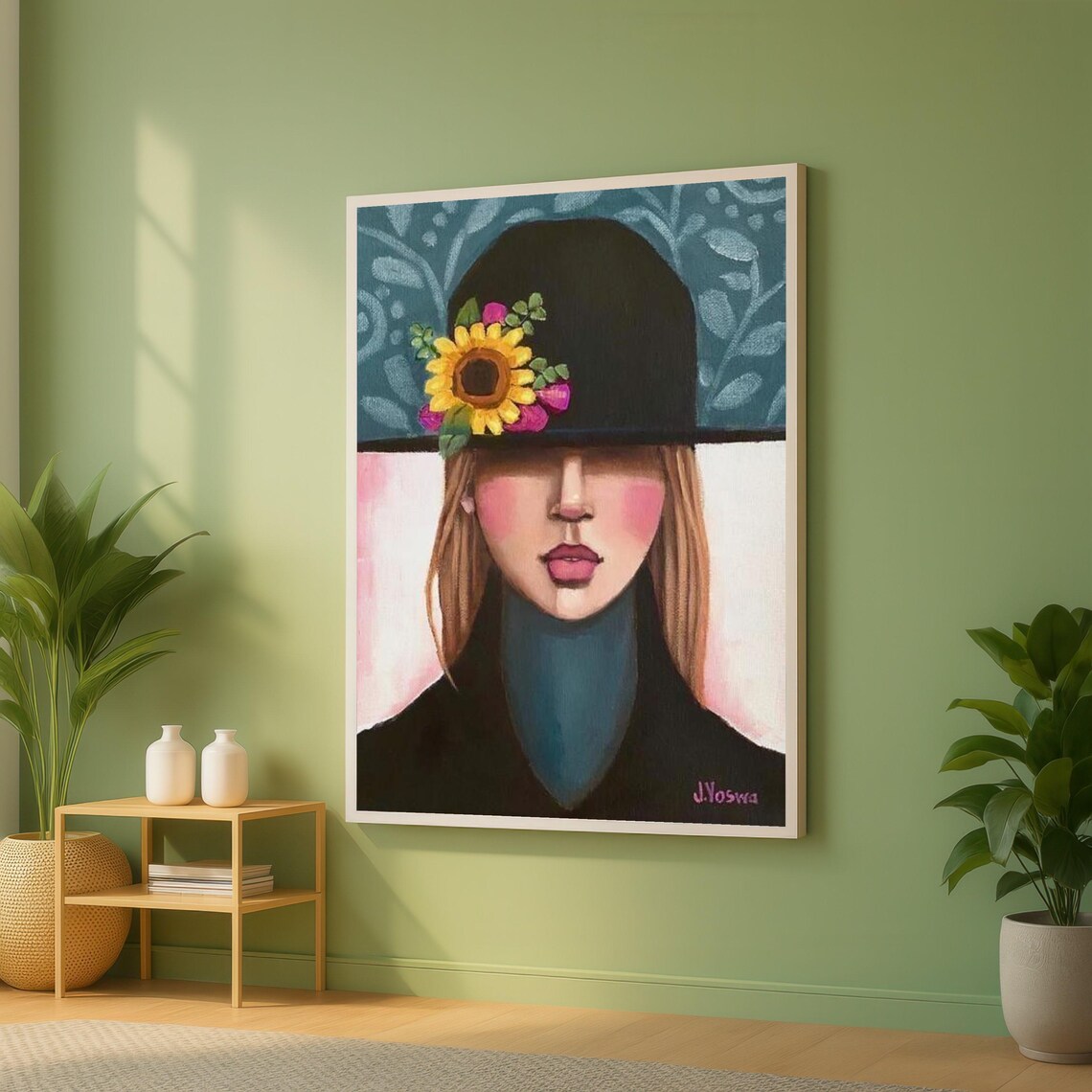 Woman In Black Sunflower Hat Contemporary Portrait Art Poster