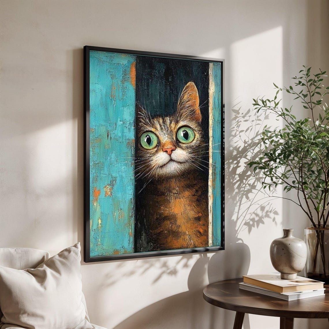 Curious Tabby Cat Peeking Through Rustic Blue Door Funny Cat Poster