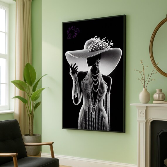 Pearl Woman Silhouette Wide Brim Hat Poster Black Fashion Art