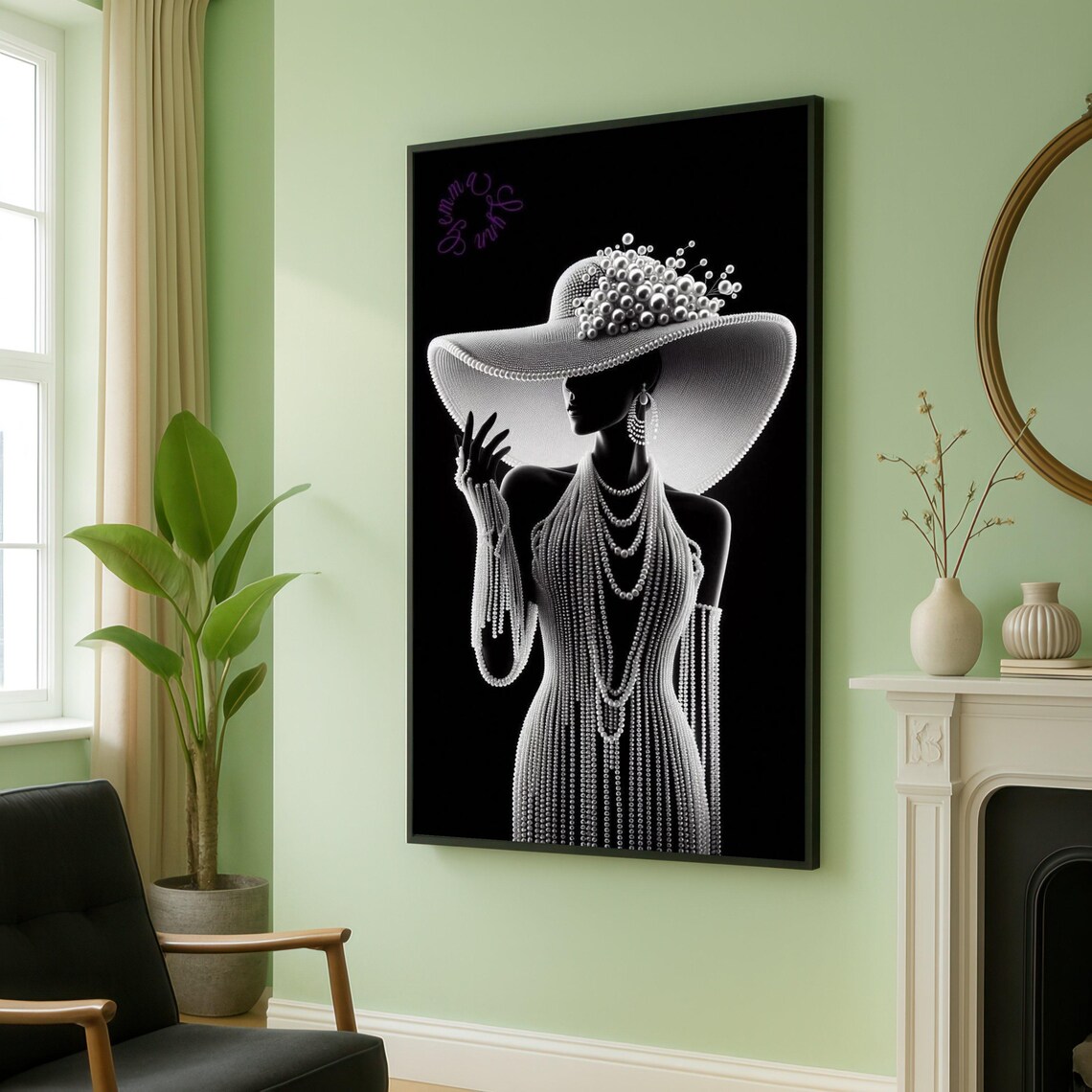 Pearl Woman Silhouette Wide Brim Hat Poster Black Fashion Art