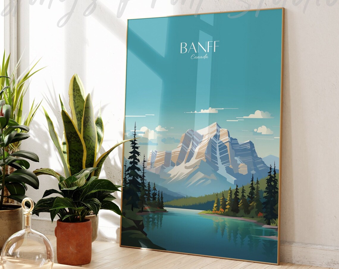 Banff Canada Alpine Lake Mountain Peak Vintage Travel Poster